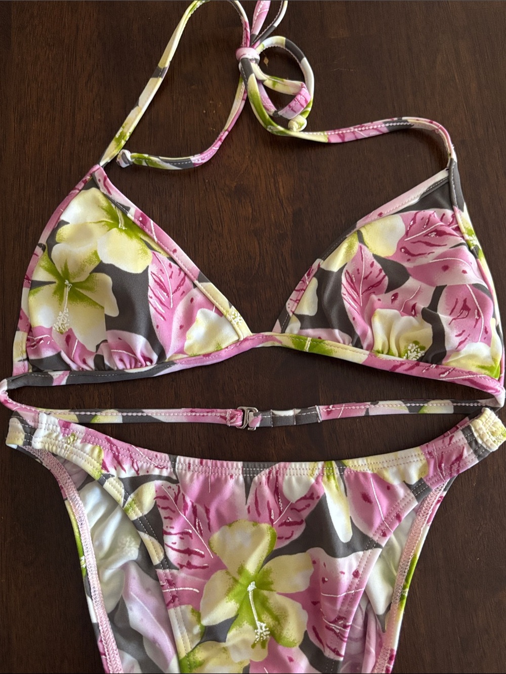 Floral Triangle Bikini Set in Pink, Green & Gray Sz:small